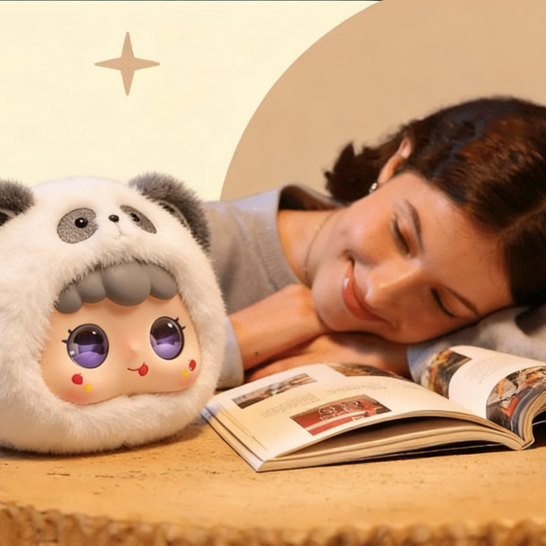 A young girl enjoys her reading time, accompanied by her AI Pandy
