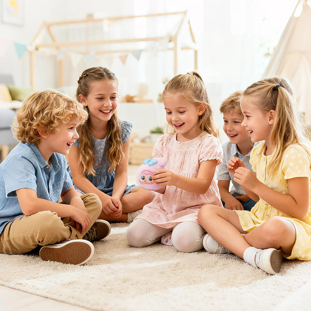 A group of teens chat with their AI bunny plushie, creating stories and role-playing together