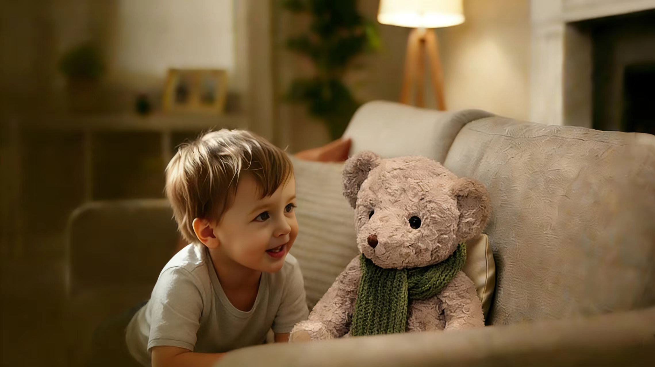 A little boy sprawls across the sofa, chin propped in his hands, and asks his AI teddy plushie a million "why" questions — about the moon, about ants, about why he can't eat candy for dinner