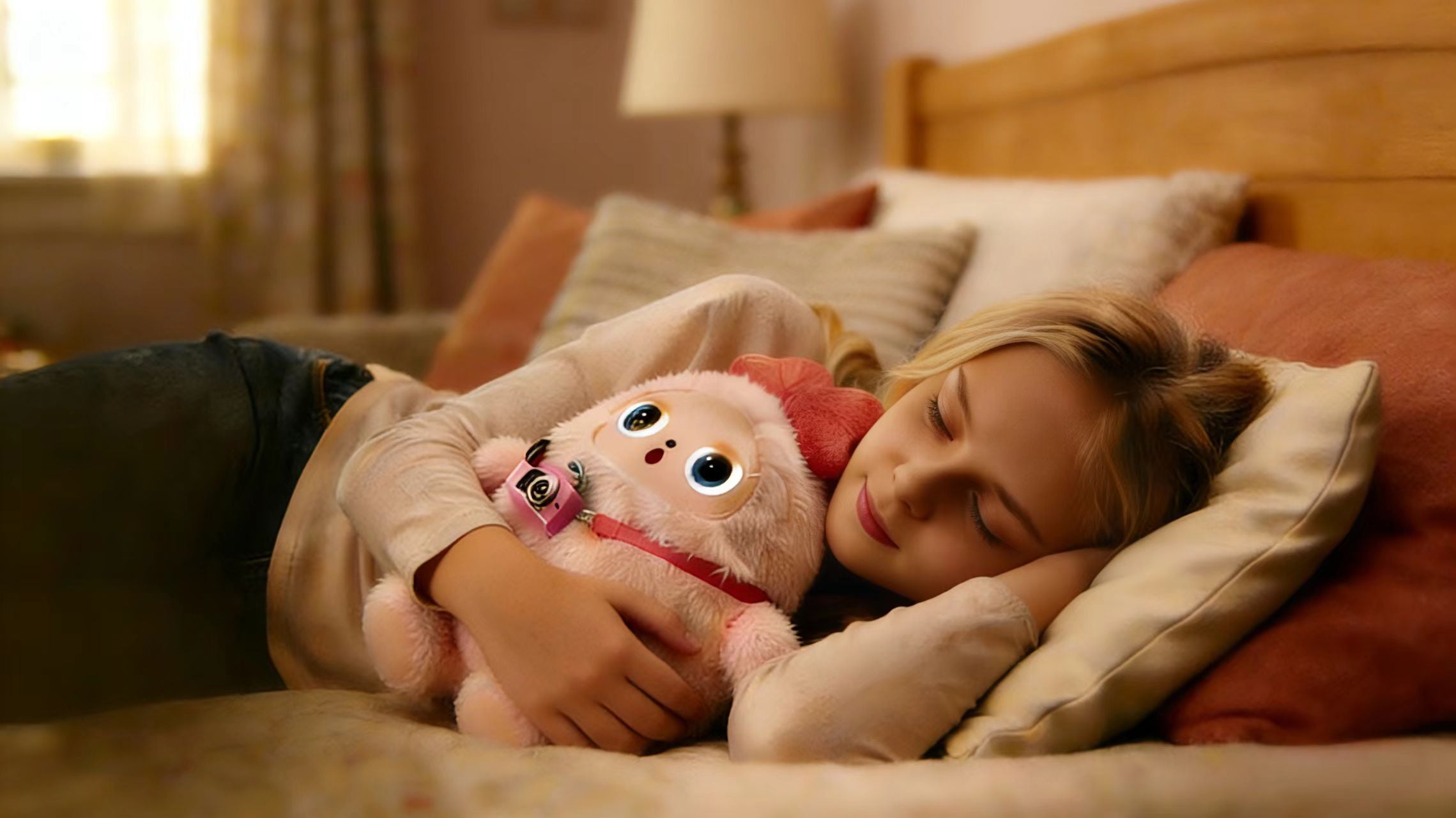 A young girl lies in bed, holding her AI chick plushie close and chatting with it — not about anything important, just enough to fill the silence and remind herself she's not really alone.