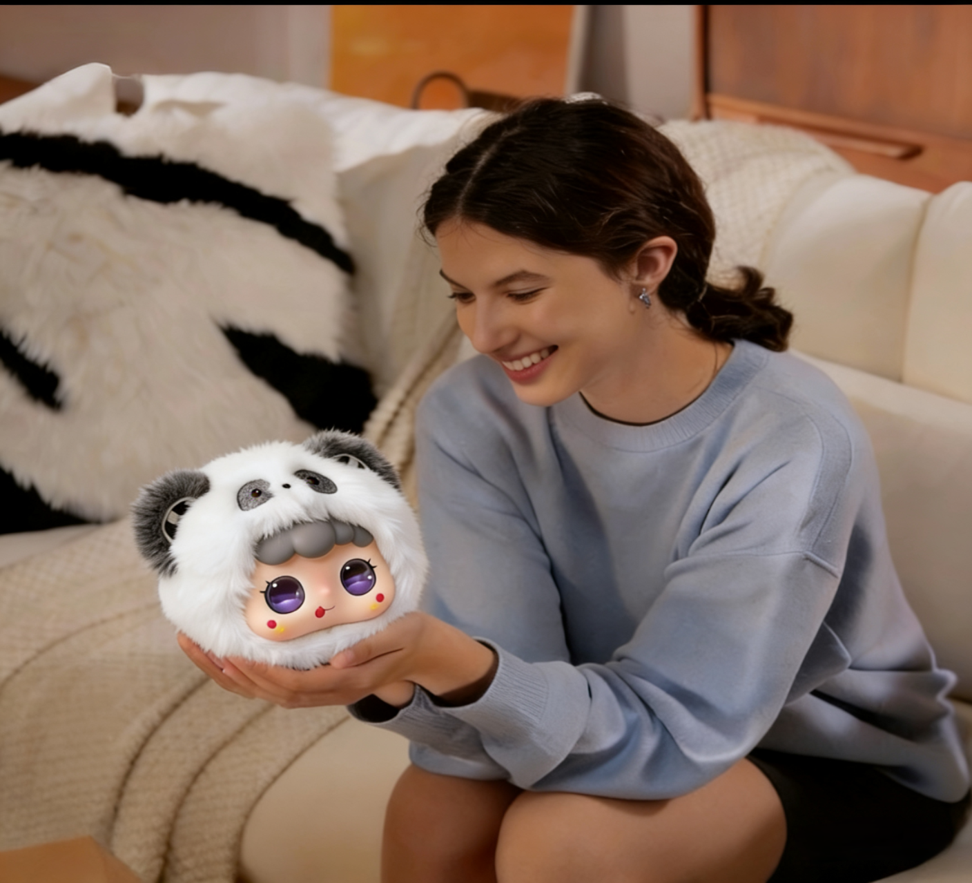 After work, a young girl unwinds by interacting with her AI Pandy.
